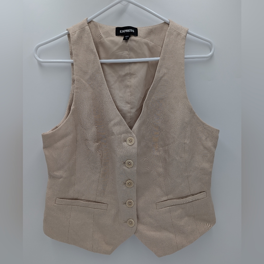 Express Beige Linen Blend Button Front Tailored V… - image 1